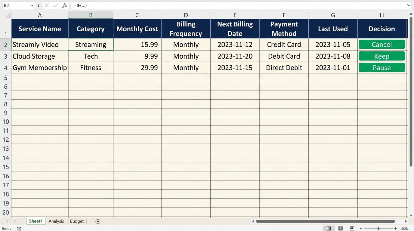Subscription Tracker Spreadsheet Mockup